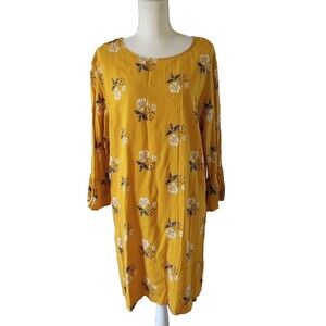 Old Navy XL Sheath Dress Floral Bell Sleeves Rayon Mustard Yellow Spring Boho